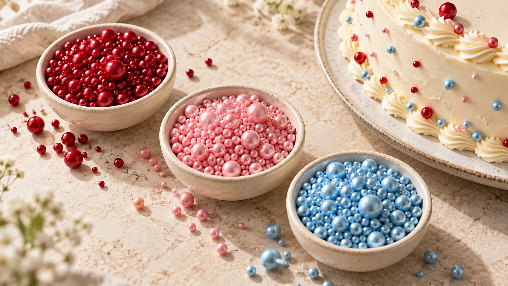 Süslenmiş pasta yanında kırmızı, pembe ve mavi şeker incileri